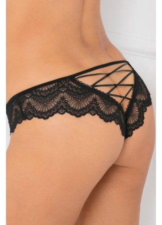 Tanga noir dentelle ajouré sur les fesses ornements croisés - REN1145-BLK