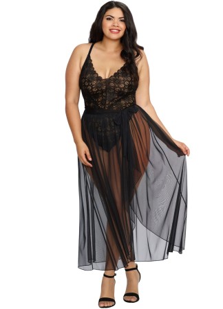 Body string noir grande taille échancré dentelle avec jupe de maille transparente amovible - DG10996XBLK