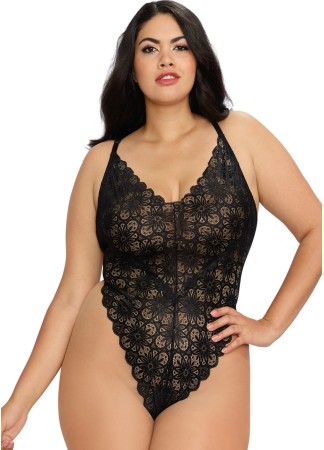 Body string noir grande taille échancré dentelle avec jupe de maille transparente amovible - DG10996XBLK