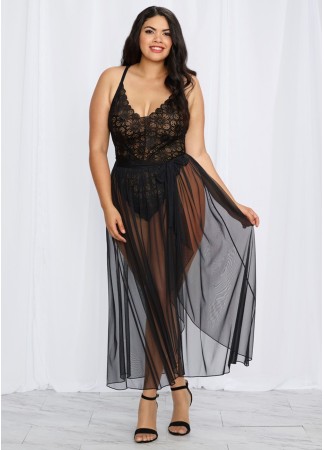 Body string noir grande taille échancré dentelle avec jupe de maille transparente amovible - DG10996XBLK