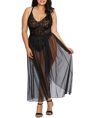 Body string noir grande taille échancré dentelle avec jupe de maille transparente amovible - DG10996XBLK