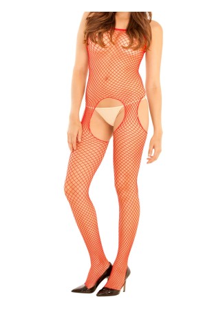 Bodystocking rouge filet ouvert devant et derrière - REN7002-RED