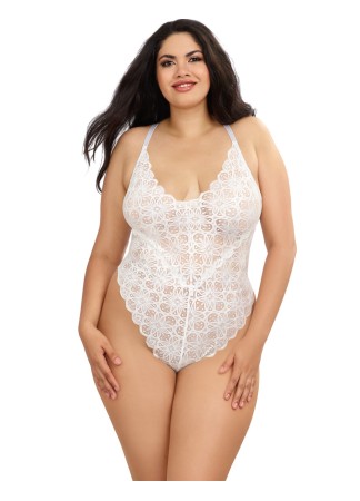 Body string grande taille blanc échancré dentelle avec jupe de maille transparente amovible - DG10996XWHT