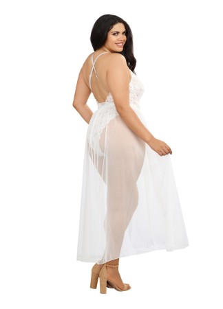 Body string grande taille blanc échancré dentelle avec jupe de maille transparente amovible - DG10996XWHT