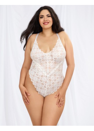 Body string grande taille blanc échancré dentelle avec jupe de maille transparente amovible - DG10996XWHT