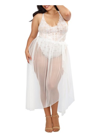 Body string grande taille blanc échancré dentelle avec jupe de maille transparente amovible - DG10996XWHT