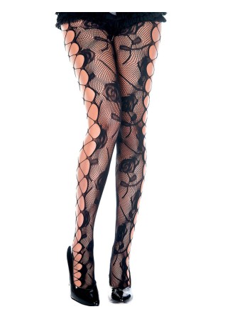 Collant fantaise noir résille et ajouré façon filet et fleurs - MH50021BLK