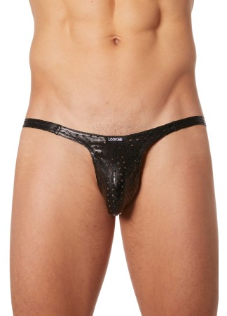 Slip échancré noir simili cuir finement ajouré - LM811-61BLK