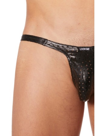 Slip échancré noir simili cuir finement ajouré - LM811-61BLK