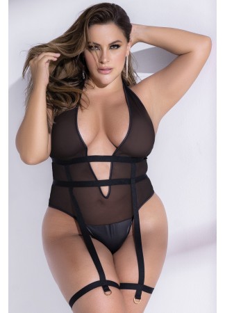 Bodystring noir grande taille avec porte jarretelle harnais attaché - MAL2706XBLK