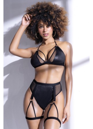 Ensemble 2 pièces noir Soutien gorge et culotte avec porte jarretelles et jarretières attachés - MAL2709BLK