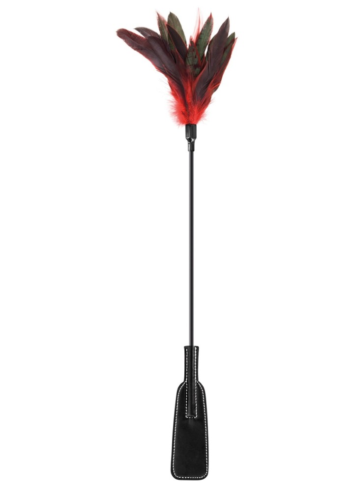 Cravache noire bdsm avec plumes noires rouges - CC570074