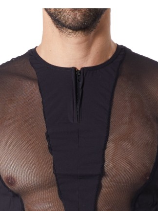 T-Shirt noir doux avec bandes résille col rond et zip - LM805-81BLK