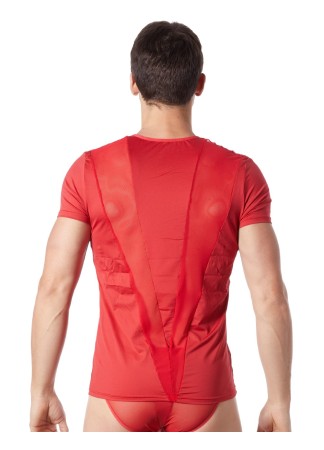 T-Shirt rouge doux avec bandes résille col rond et zip - LM805-81RED