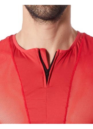 T-Shirt rouge doux avec bandes résille col rond et zip - LM805-81RED