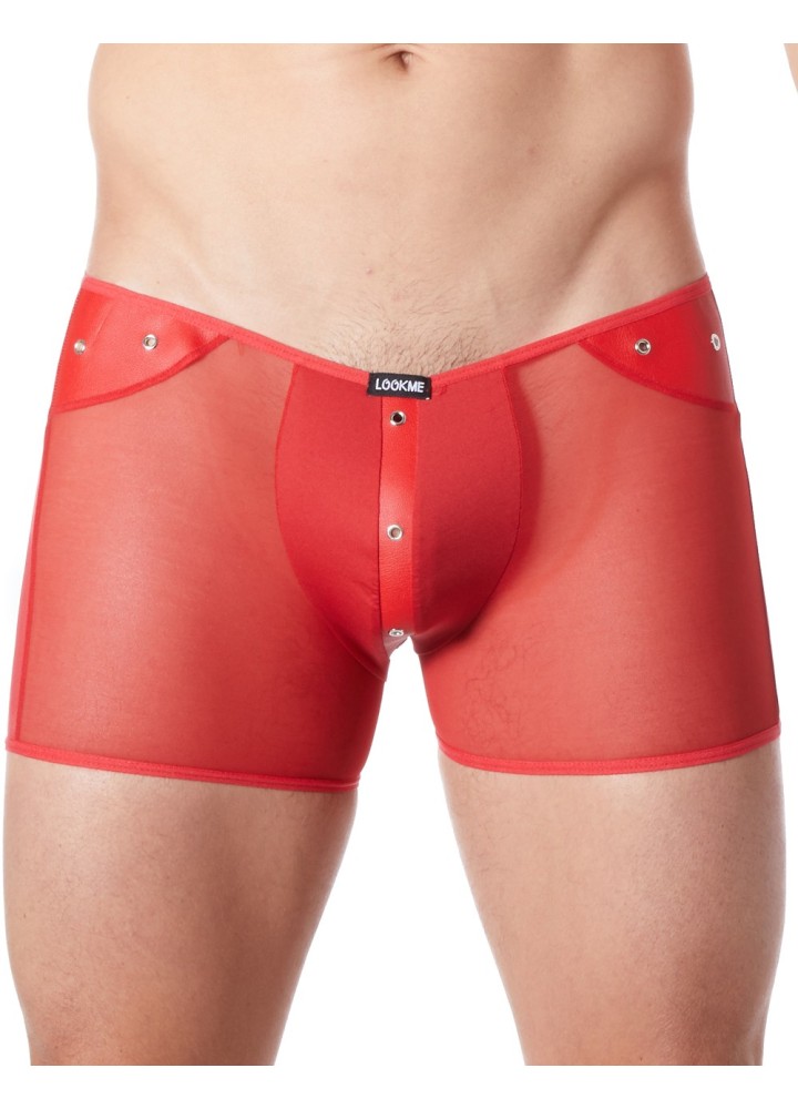 Boxer rouge sexy maille transparente et bande style cuir - LM807-67RED