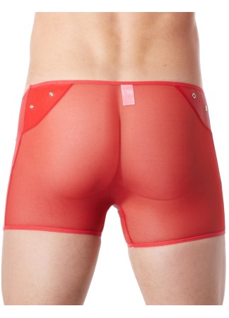 Boxer rouge sexy maille transparente et bande style cuir - LM807-67RED