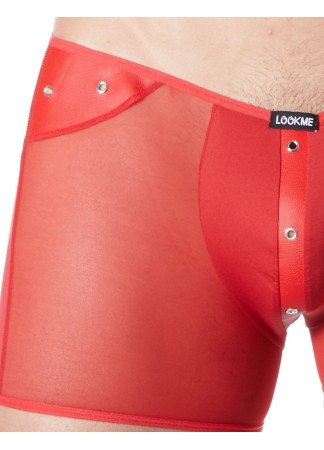 Boxer rouge sexy maille transparente et bande style cuir - LM807-67RED