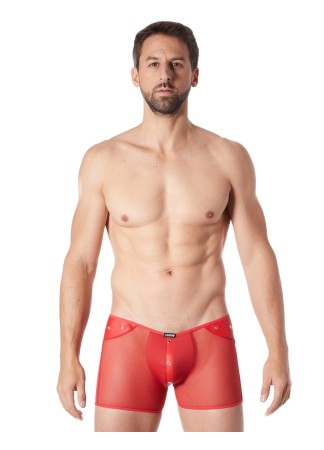 Boxer rouge sexy maille transparente et bande style cuir - LM807-67RED