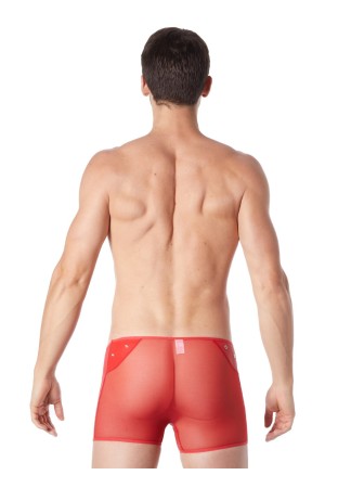 Boxer rouge sexy maille transparente et bande style cuir - LM807-67RED