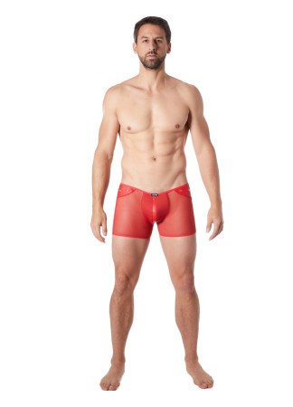 Boxer rouge sexy maille transparente et bande style cuir - LM807-67RED