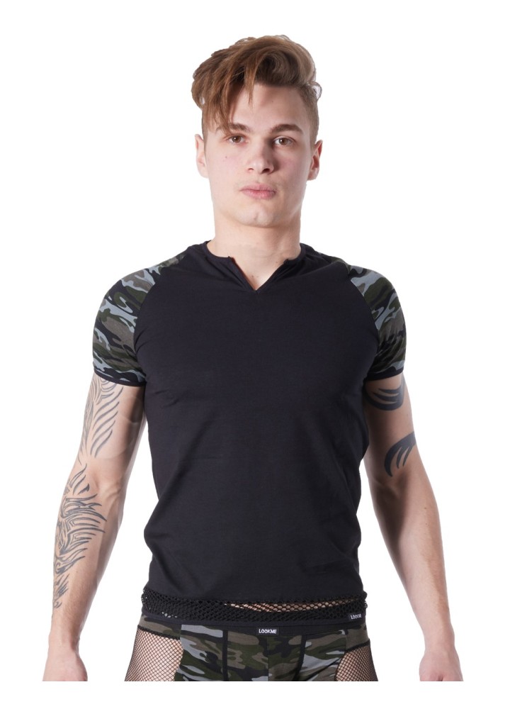 T-shirt noir sexy armée déco camouflage sur les manches et col rond ouvert - LM814-81BLK