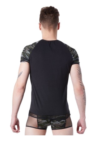 T-shirt noir sexy armée déco camouflage sur les manches et col rond ouvert - LM814-81BLK