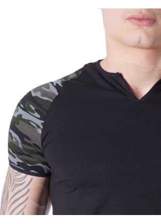 T-shirt noir sexy armée déco camouflage sur les manches et col rond ouvert - LM814-81BLK