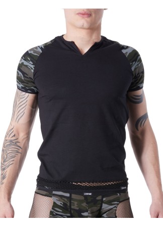 T-shirt noir sexy armée déco camouflage sur les manches et col rond ouvert - LM814-81BLK