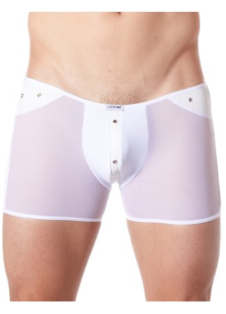 Boxer blanc sexy maille transparente et bande style cuir - LM807-67WHT