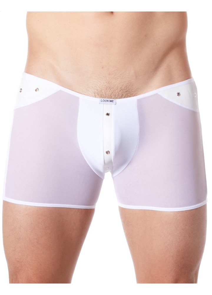 Boxer blanc sexy maille transparente et bande style cuir - LM807-67WHT