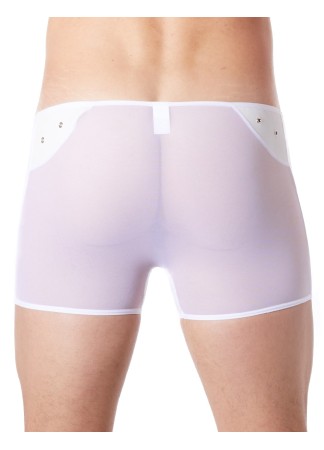 Boxer blanc sexy maille transparente et bande style cuir - LM807-67WHT