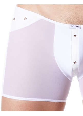 Boxer blanc sexy maille transparente et bande style cuir - LM807-67WHT