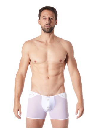 Boxer blanc sexy maille transparente et bande style cuir - LM807-67WHT