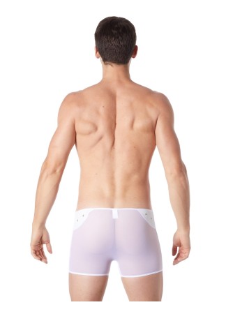 Boxer blanc sexy maille transparente et bande style cuir - LM807-67WHT