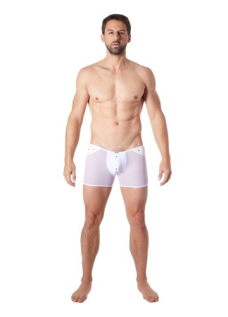 Boxer blanc sexy maille transparente et bande style cuir - LM807-67WHT