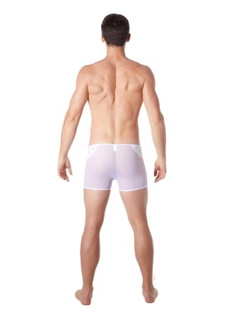 Boxer blanc sexy maille transparente et bande style cuir - LM807-67WHT