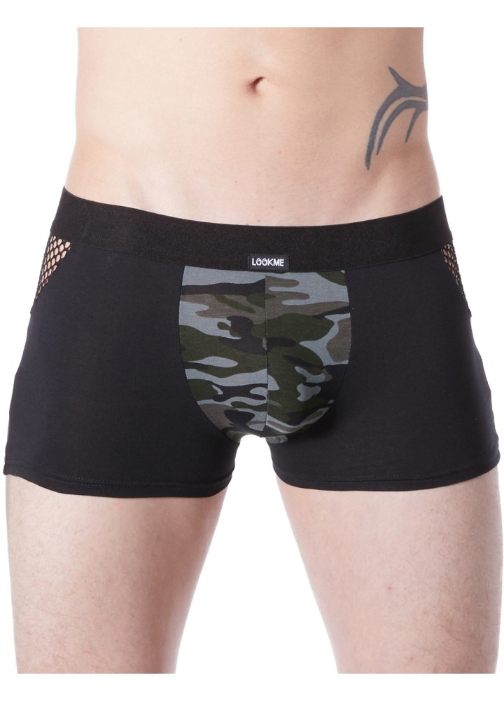 Boxer noir sexy armée déco camouflage côtés résille filet - LM814-67BLK