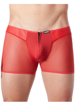 Boxer rouge sexy avec fermeture éclair et côtés style cuir et maille transparente - LM813-67RED