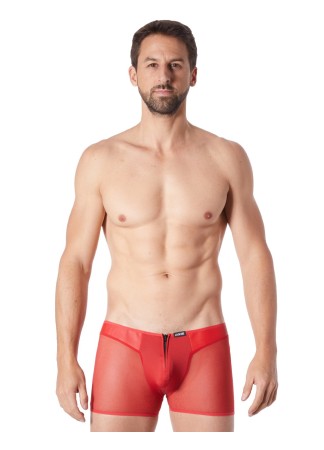 Boxer rouge sexy avec fermeture éclair et côtés style cuir et maille transparente - LM813-67RED