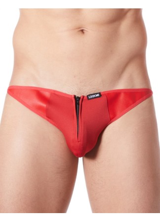 Slip brief rouge sexy avec fermeture éclair et côtés style cuir dos transparent - LM813-61RED