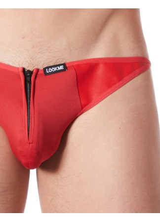 Slip brief rouge sexy avec fermeture éclair et côtés style cuir dos transparent - LM813-61RED