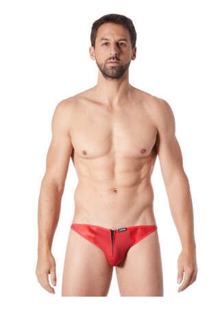 Slip brief rouge sexy avec fermeture éclair et côtés style cuir dos transparent - LM813-61RED