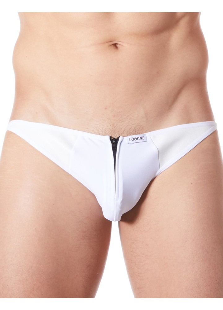 Slip brief blanc sexy avec fermeture éclair et côtés style cuir dos transparent - LM813-61WHT