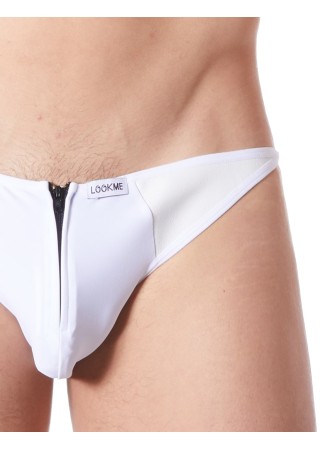 Slip brief blanc sexy avec fermeture éclair et côtés style cuir dos transparent - LM813-61WHT