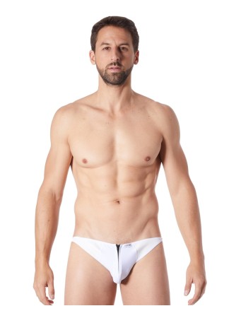 Slip brief blanc sexy avec fermeture éclair et côtés style cuir dos transparent - LM813-61WHT