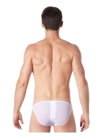 Slip brief blanc sexy avec fermeture éclair et côtés style cuir dos transparent - LM813-61WHT