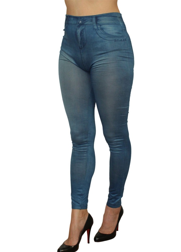 Legging bleu style jean moulant avec impressions sur poches - FD1018