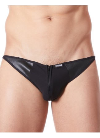 Slip brief noir sexy avec fermeture éclair et côtés style cuir dos transparent - LM813-61BLK