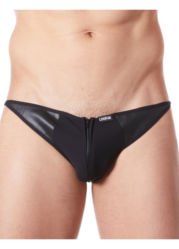 Slip brief noir sexy avec fermeture éclair et côtés style cuir dos transparent - LM813-61BLK